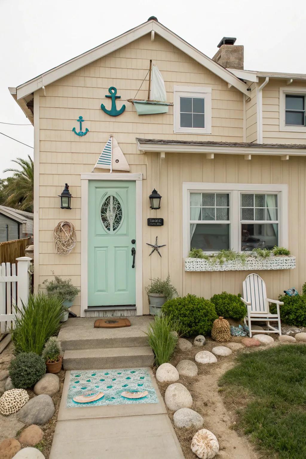 Seafoam green front door gives a coastal vibe to a beige house.