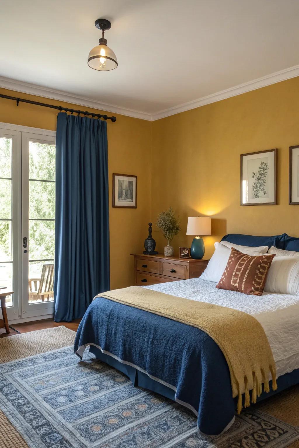 A bedroom with mustard yellow and deep blue accents.