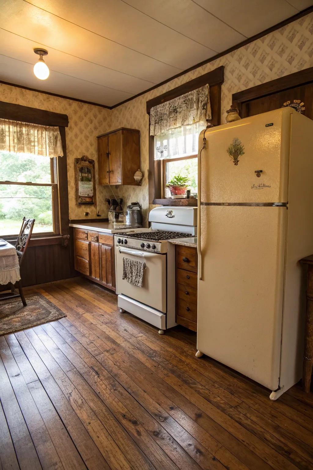 Vintage elements adding character to oak floor kitchens.