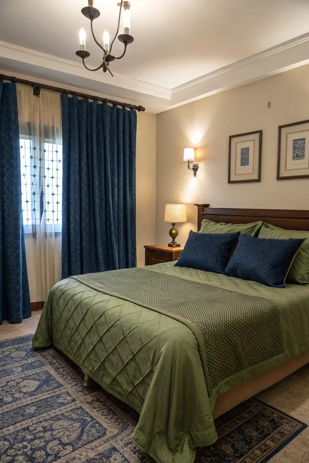 Deep blues add sophistication to olive green bedding.