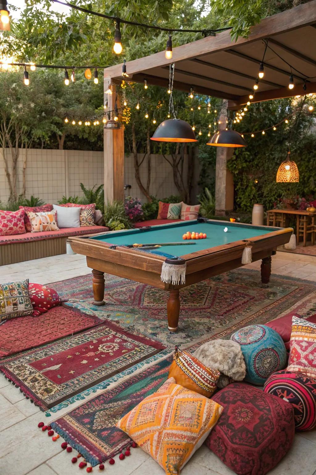A bohemian-style billiards area featuring eclectic and colorful décor.
