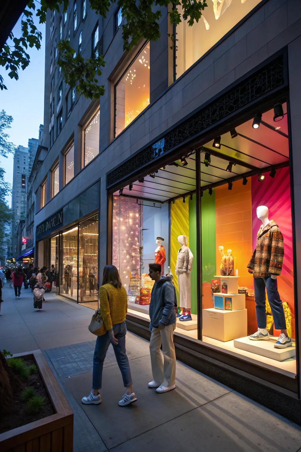 Dynamic window displays captivating passersby and telling an engaging narrative.