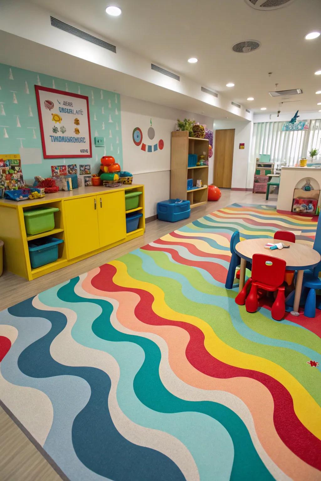 A playroom with whimsical wave-patterned painted floors, adding a playful and energetic vibe.