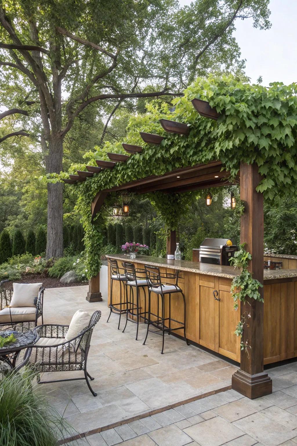 A built-in bar under the pergola is perfect for entertaining.