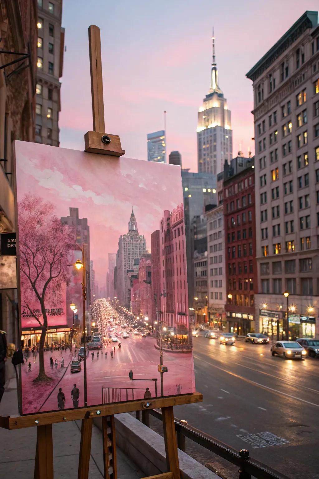 Energetic urban cityscape painting in pink.