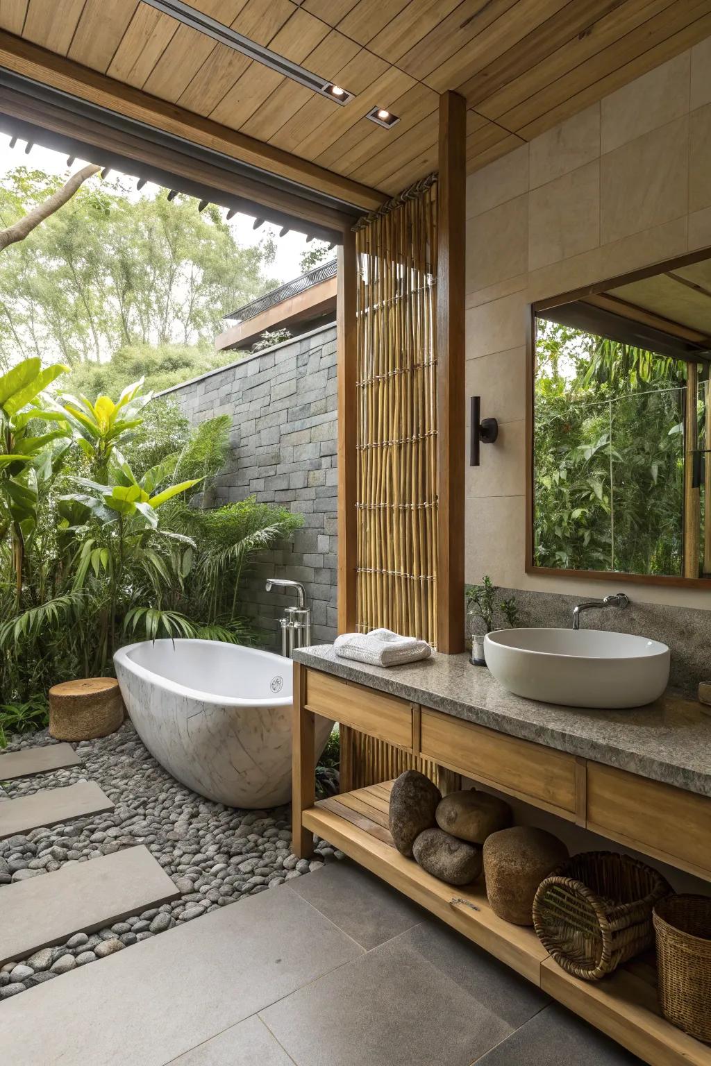 Nature-inspired elements bring tranquility to bathroom designs.