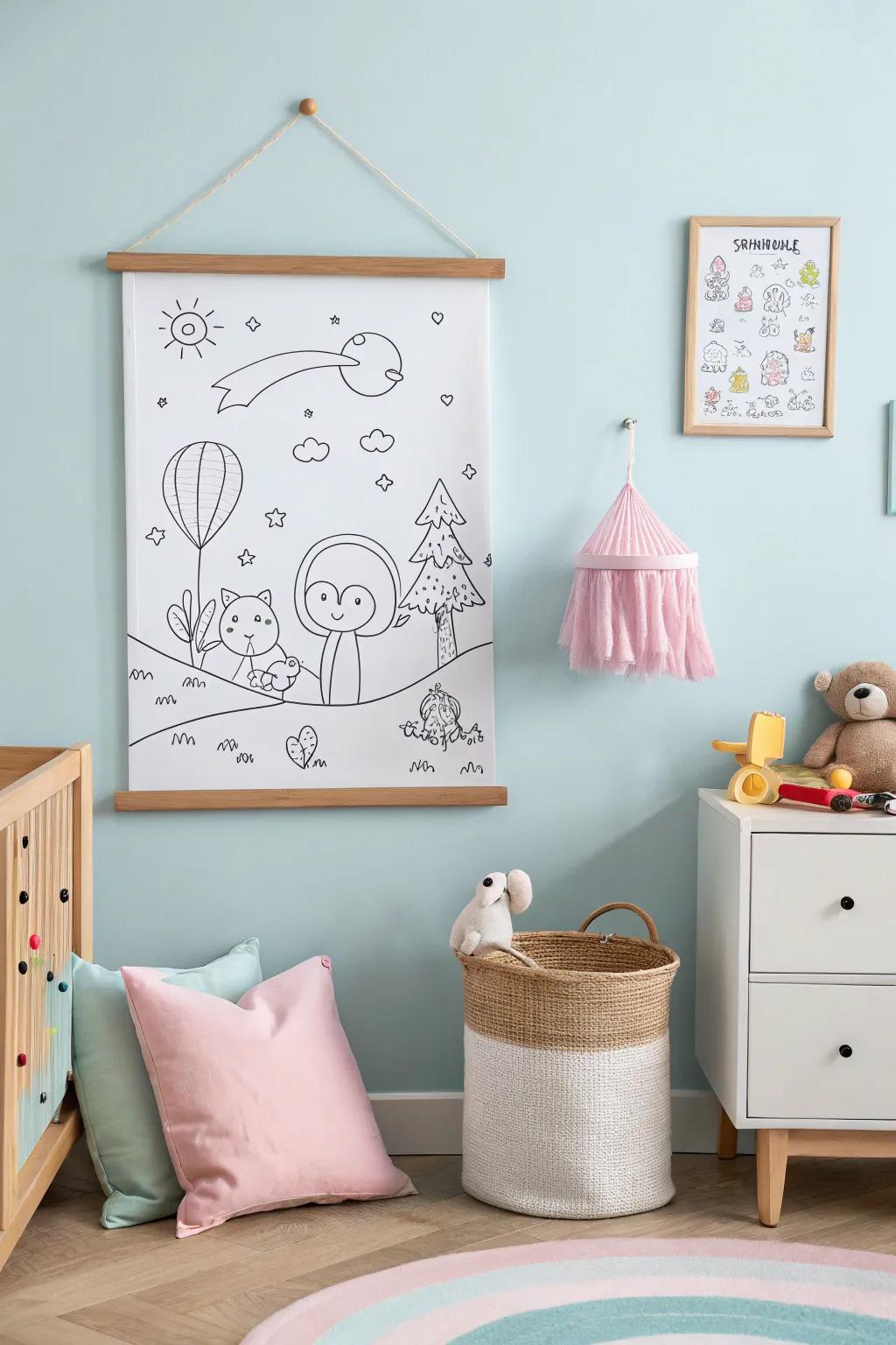 An illustrated poster with playful line drawings in a nursery.