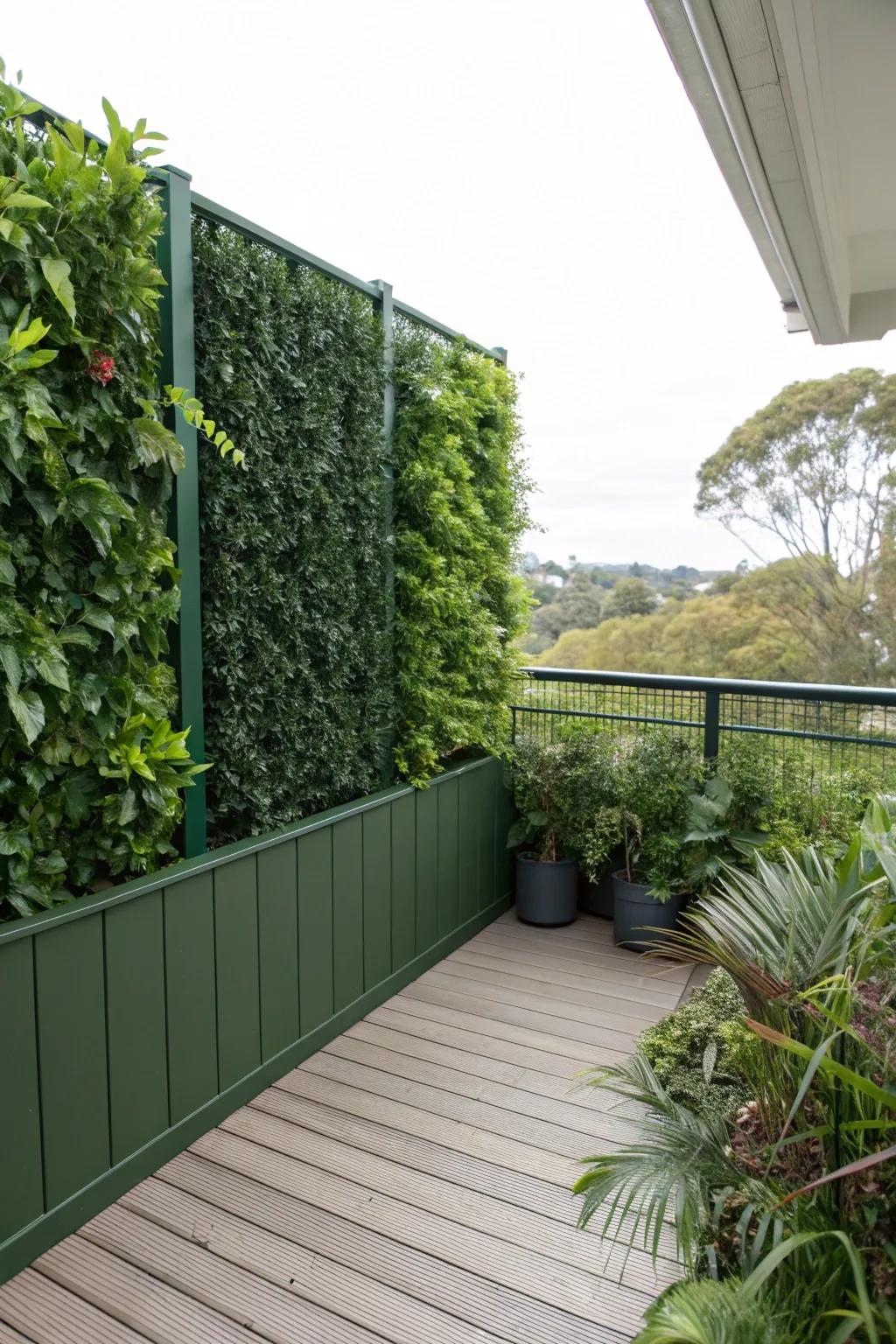 A realistic faux living wall provides privacy without the upkeep.