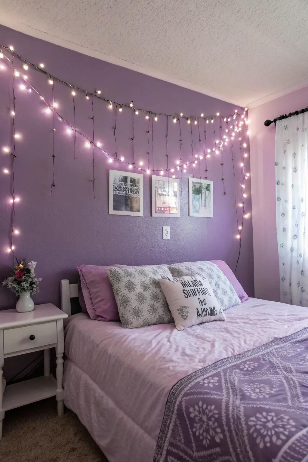 Whimsical fairy lights adding a magical touch to purple walls.