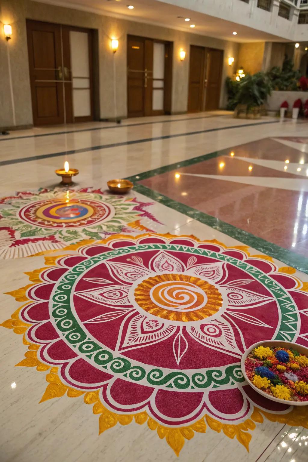 Cultural fusion in rangoli celebrates diversity and creativity.