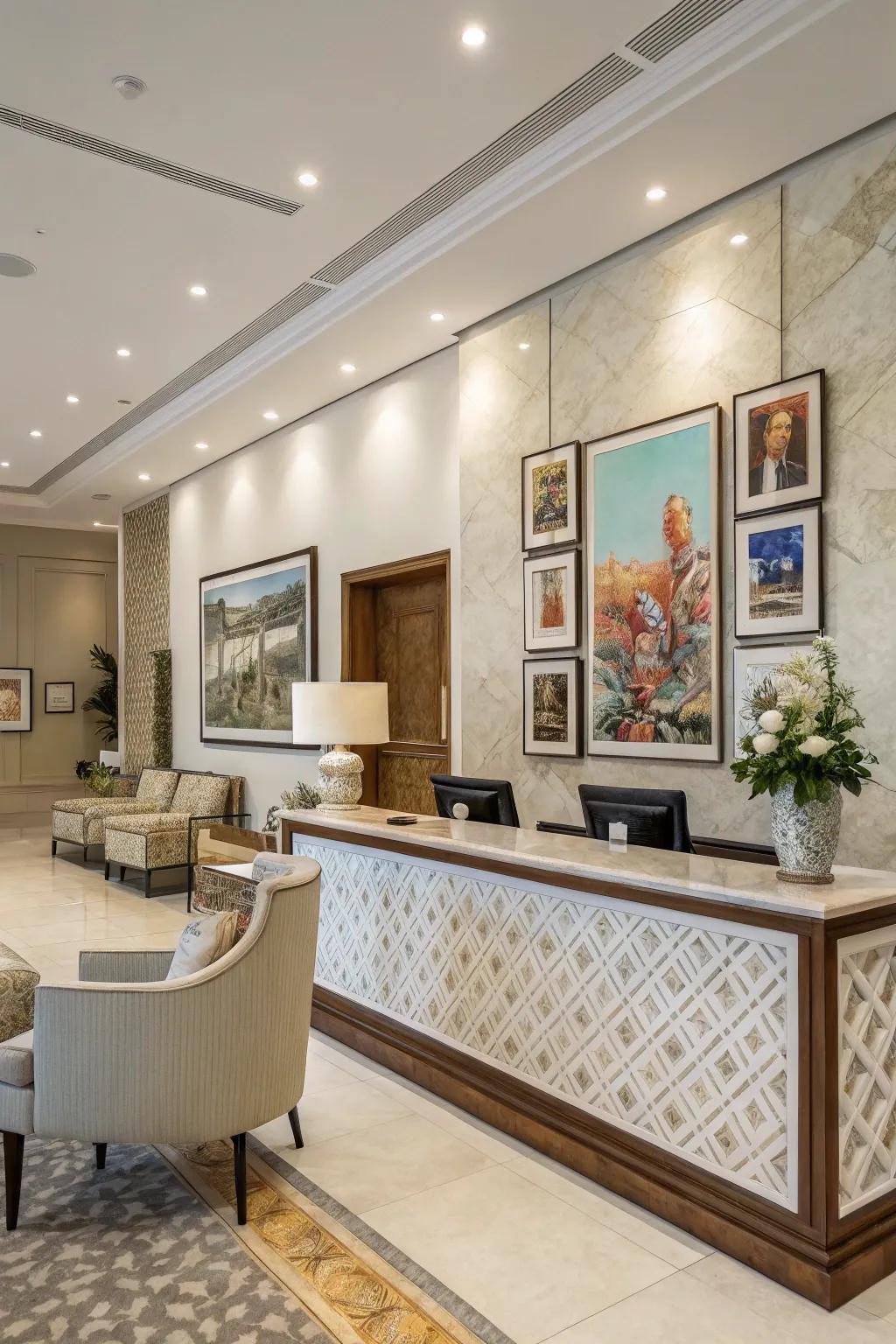 An artistic reception area displaying curated pieces.