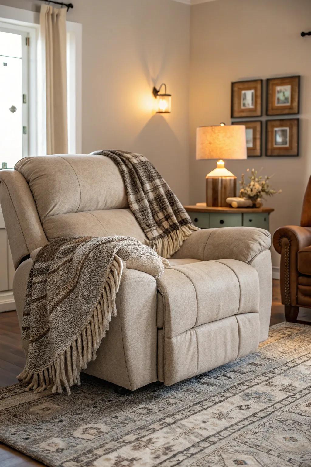 A cozy recliner sofa enhanced with a soft throw blanket.