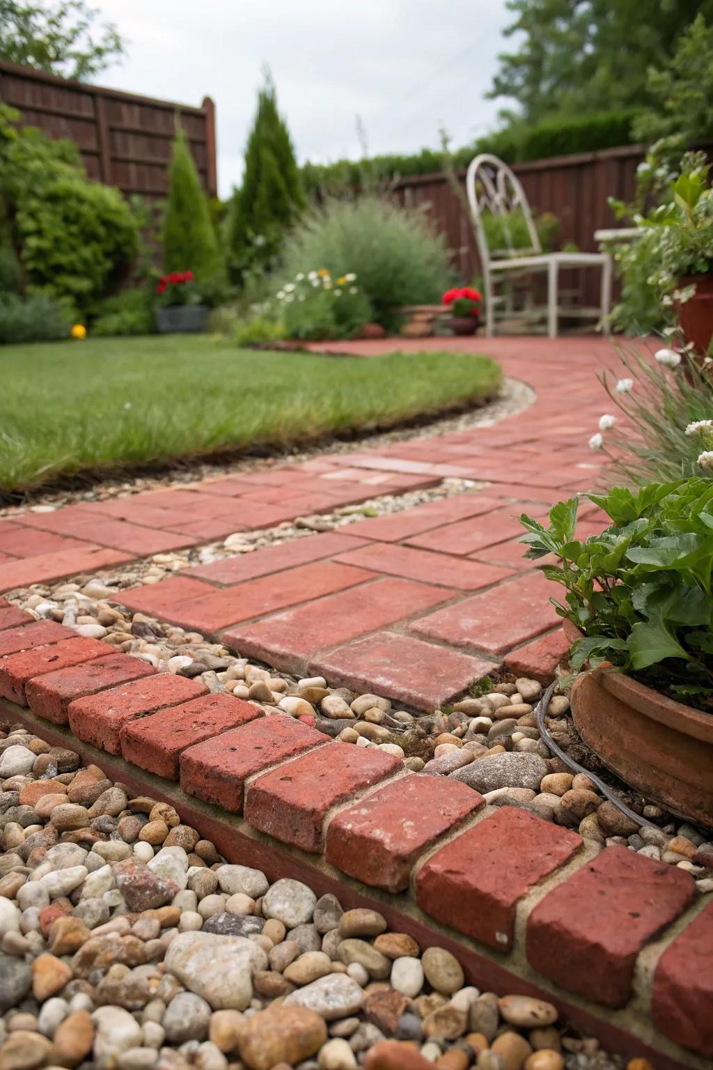 A red brick patio beautifully accentuated with pebbled ground cover