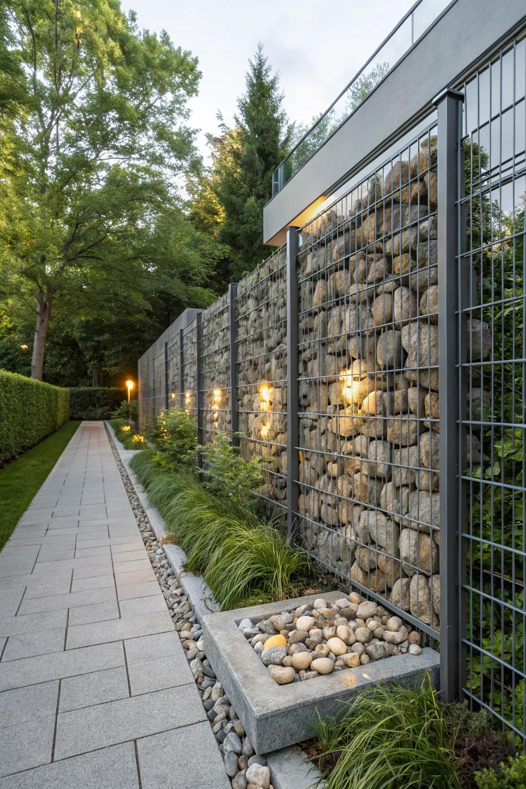 Gabion walls offer a modern twist with low maintenance.