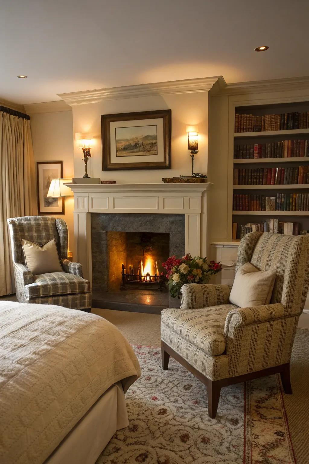 A fireplace offers warmth and romantic ambiance.