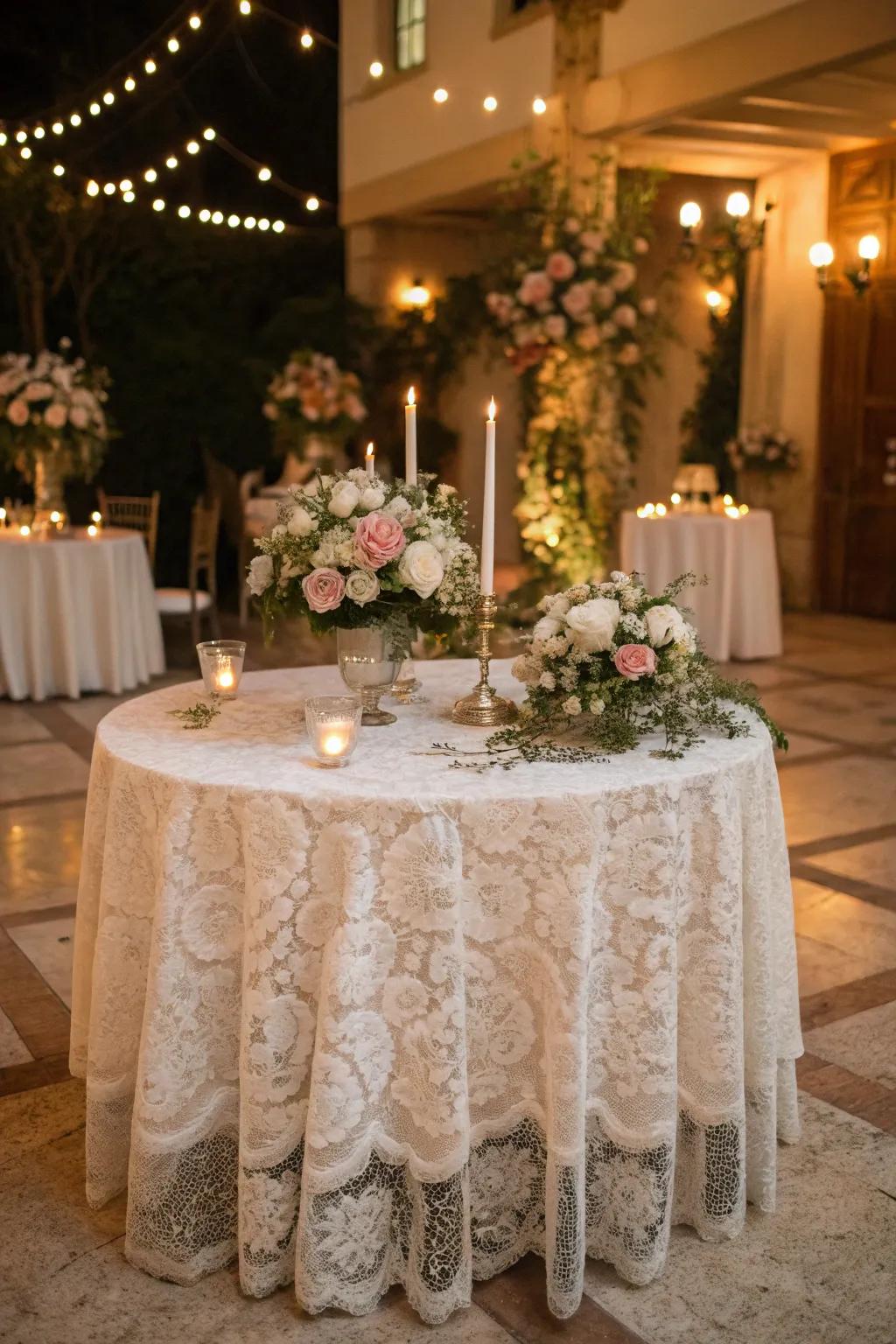 Enchanting lace cloth for a vintage-inspired celebration.