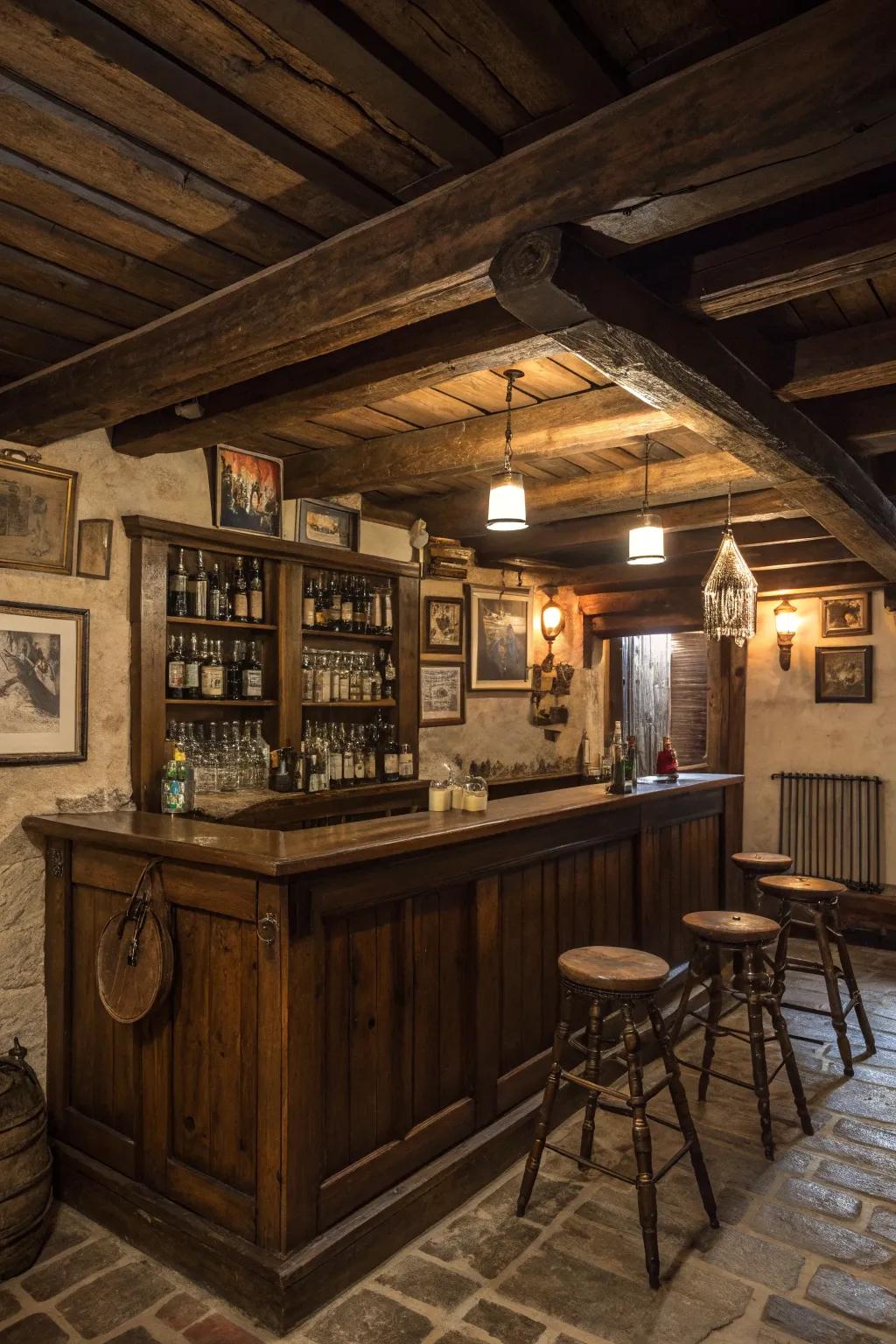 Wooden beam ceiling enhancing the rustic charm of the bar.