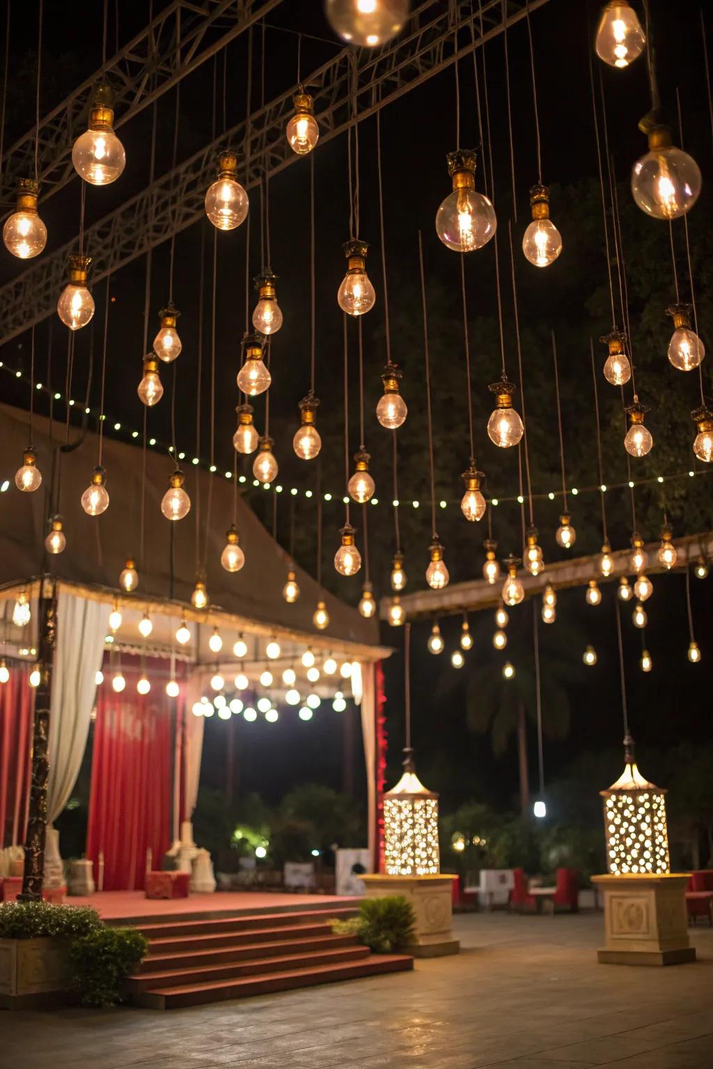 Suspended bulbs create an inviting glow.