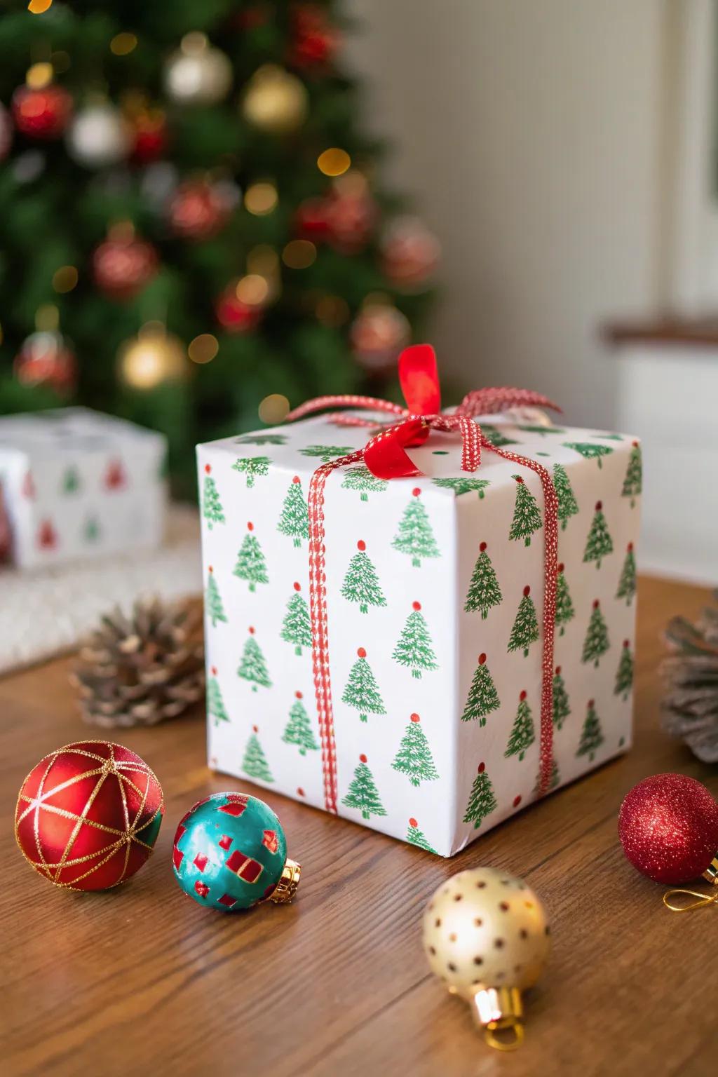 A tree design on Santa's box enhances the festive spirit.