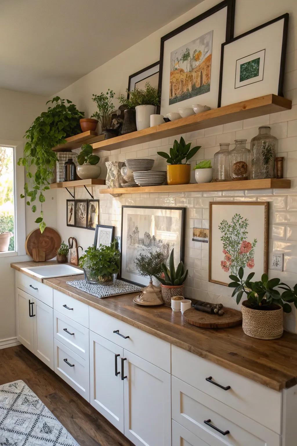 A kitchen with wall planks displaying art, greens, and decor