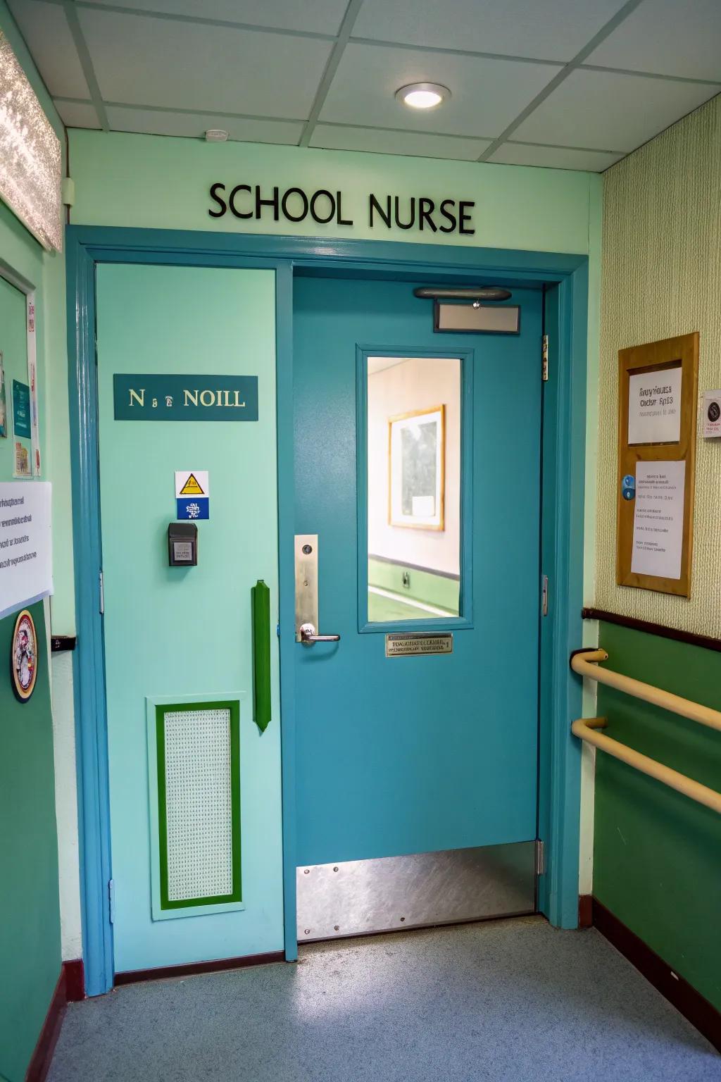 A serene school nurse door featuring calming colors.