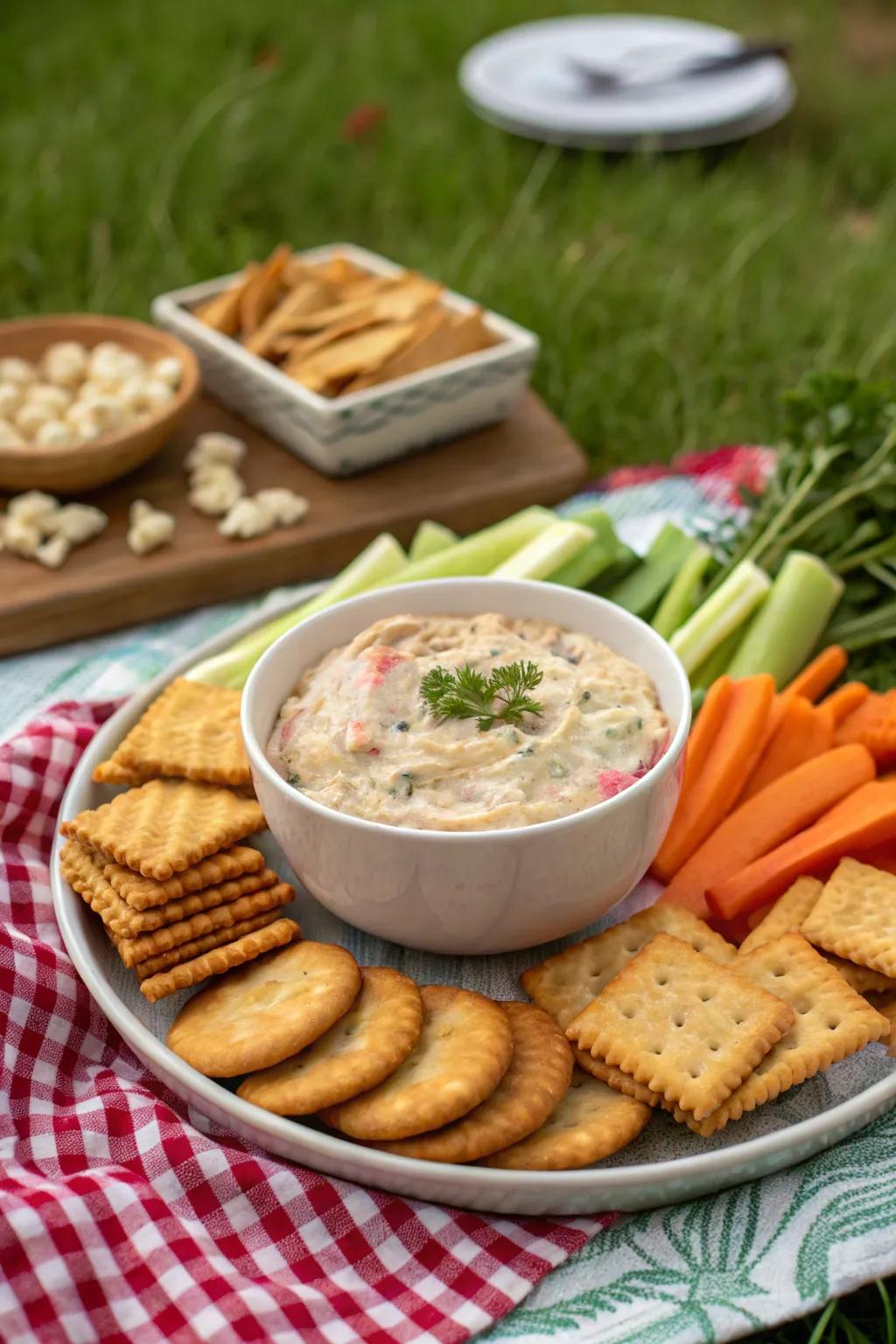 Smoked trout dip, a savory and crowd-pleasing snack for your picnic.