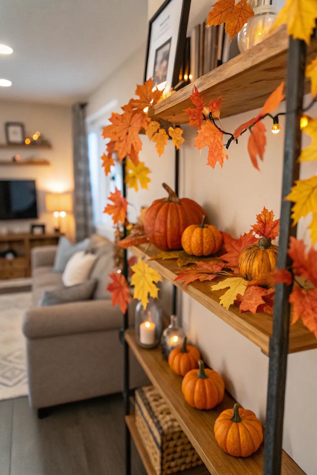 Seasonal decor like autumn leaves refreshes shelf displays.