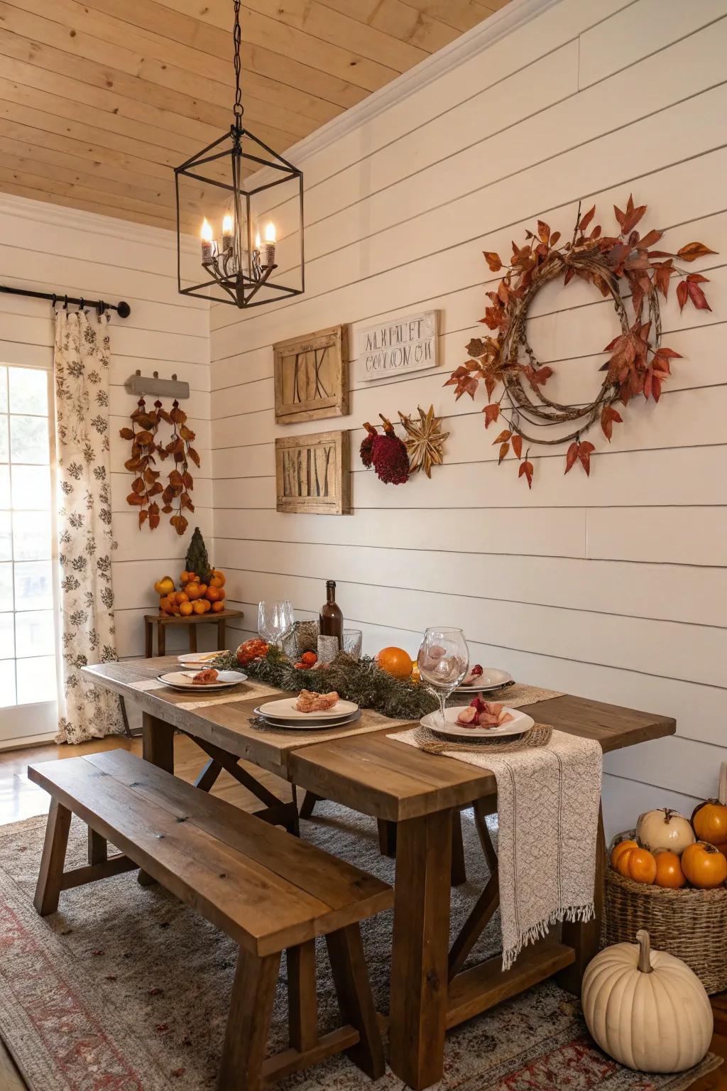 A flexible dining room with shiplap walls and seasonal decor.