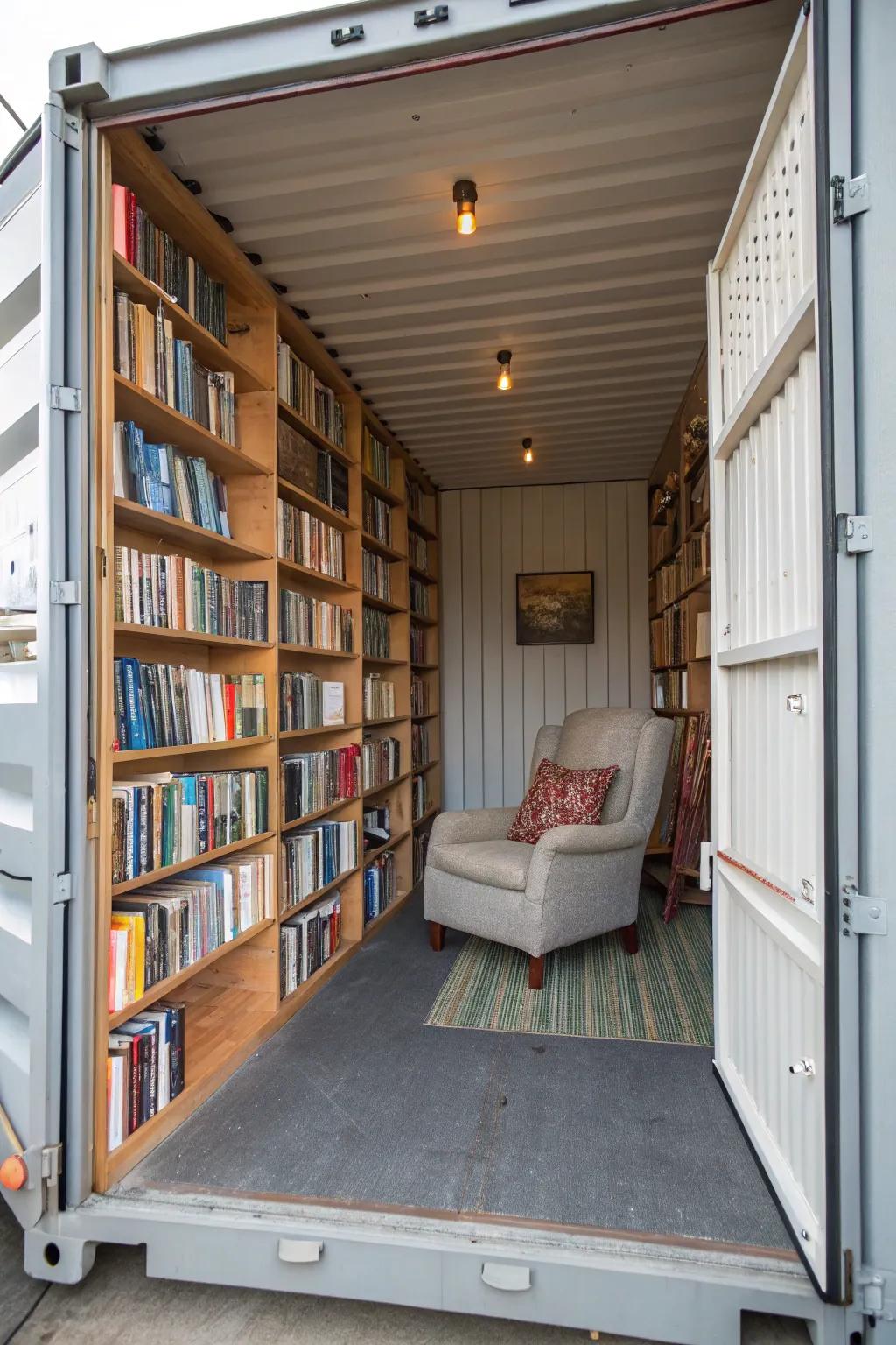 A cozy library nook nestled inside a shipping container.