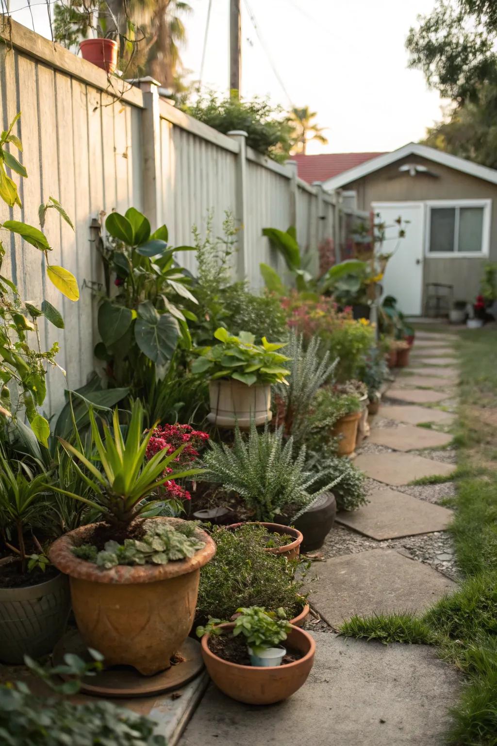 Transform your side yard into a lush, potted paradise.