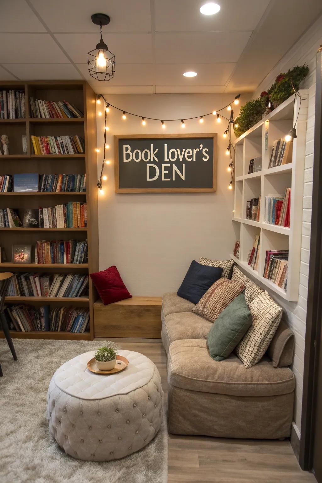 A cozy reading nook with a 'Book Lover's Den' sign and plush seating.