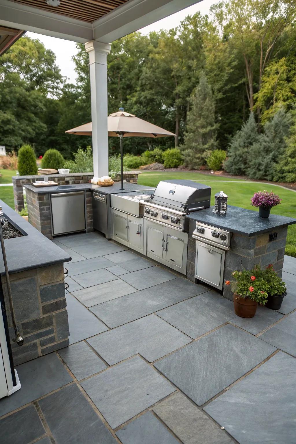 A slate patio featuring a chic and functional outdoor galley.