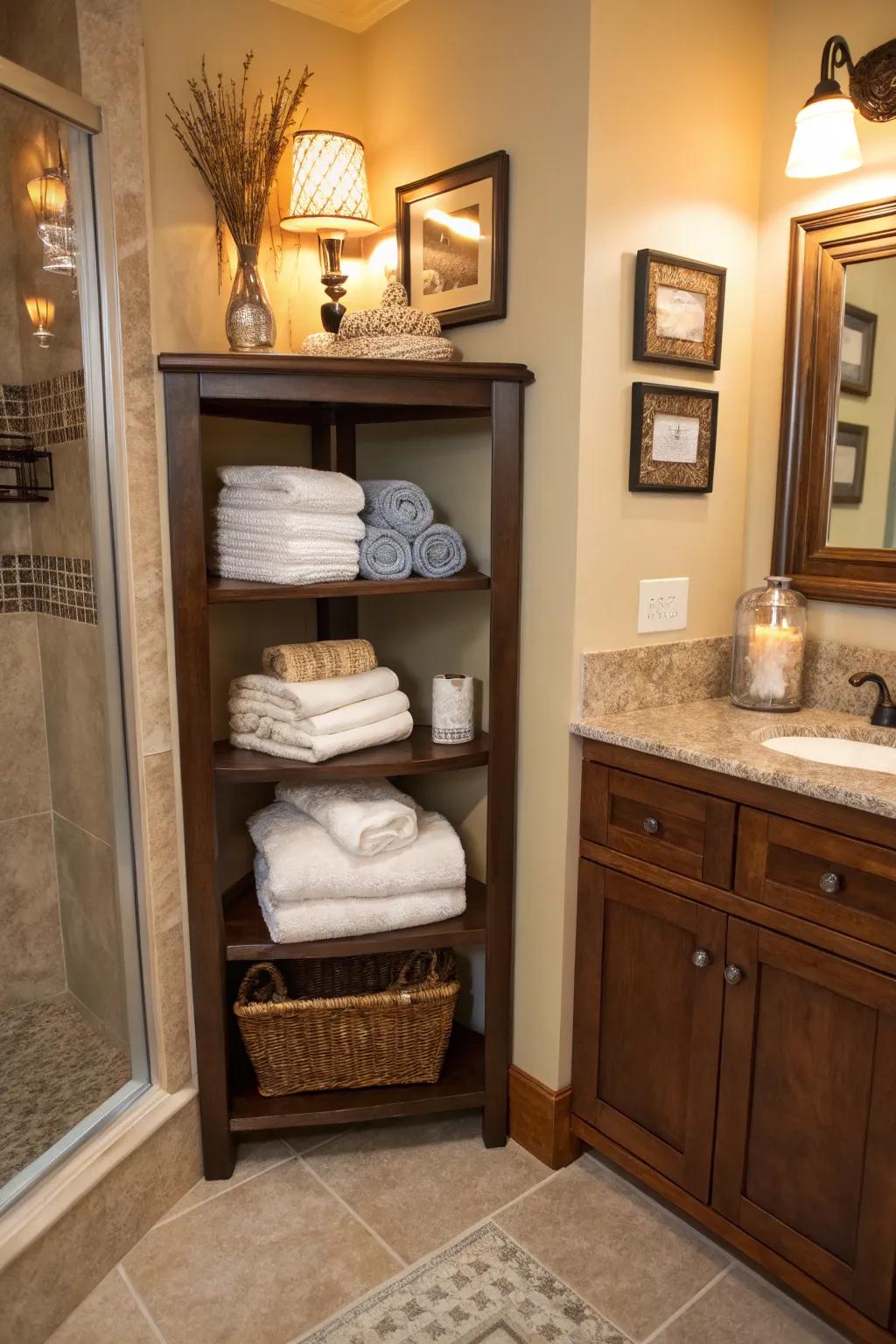 Corner shelving utilizes every inch of bathroom space.