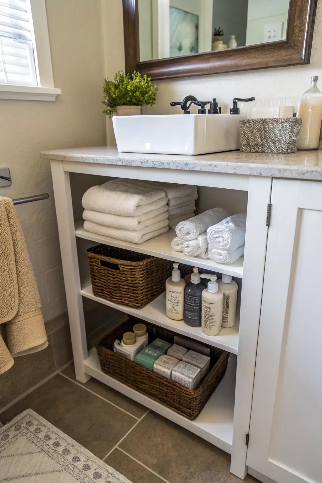 An open shelf vanity that provides accessible storage in a compact bathroom.