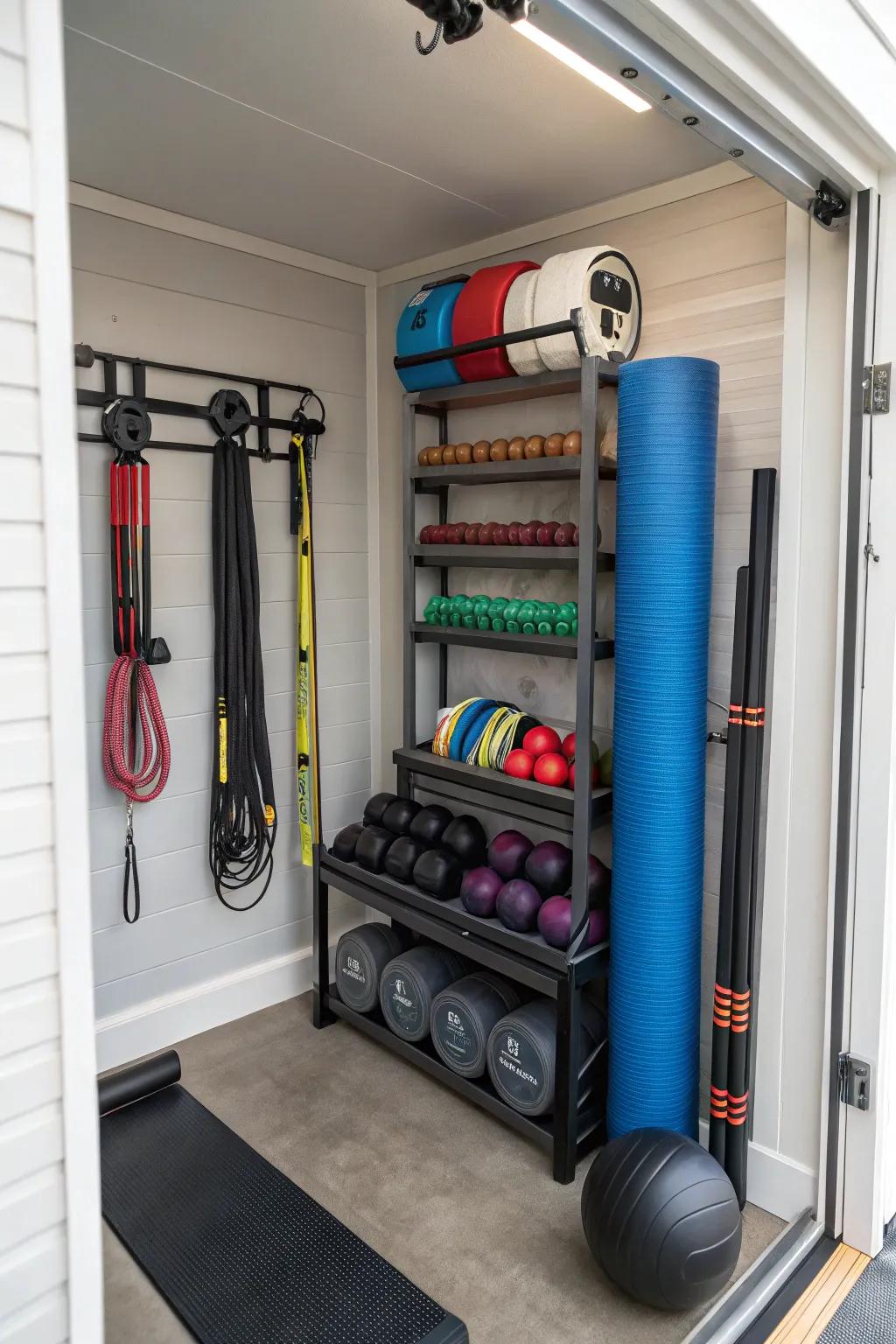 Vertical storage racks are excellent for saving space in small gyms.