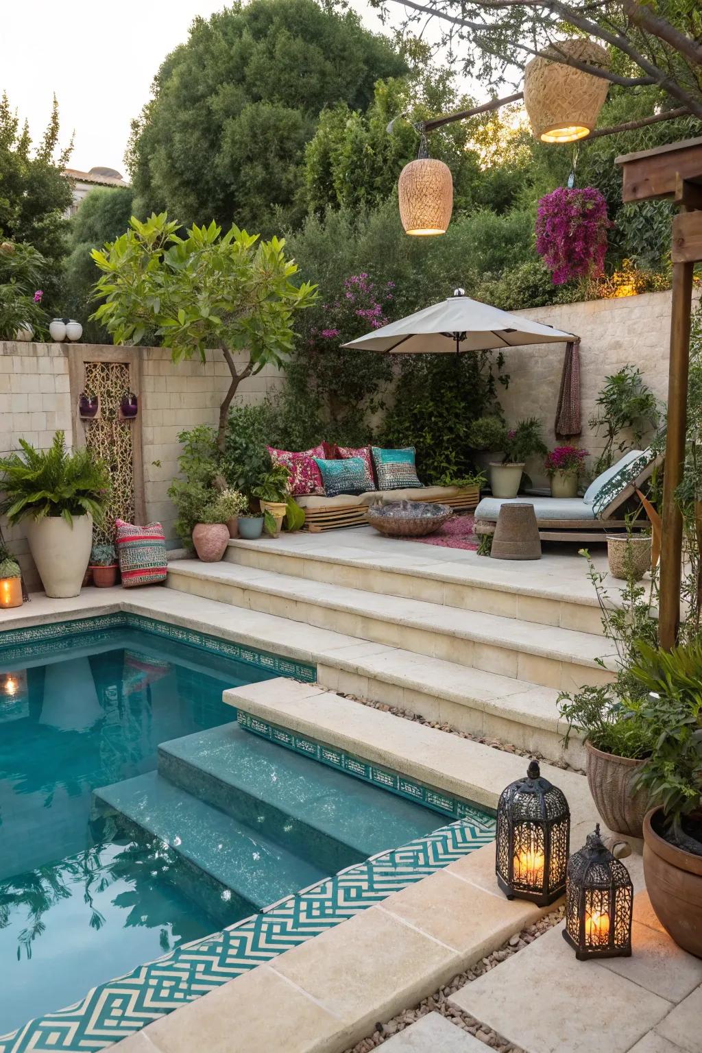 Multi-purpose steps for seating and lounging.