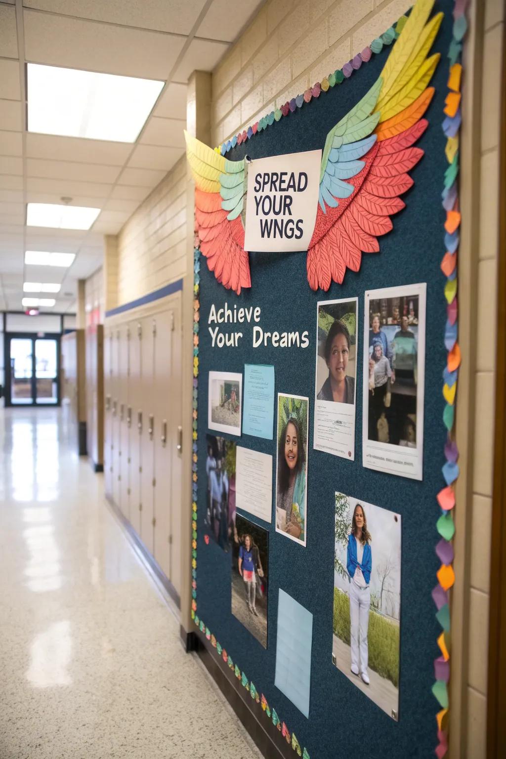 An inspirational bulletin board with wings, inviting students to imagine flying.