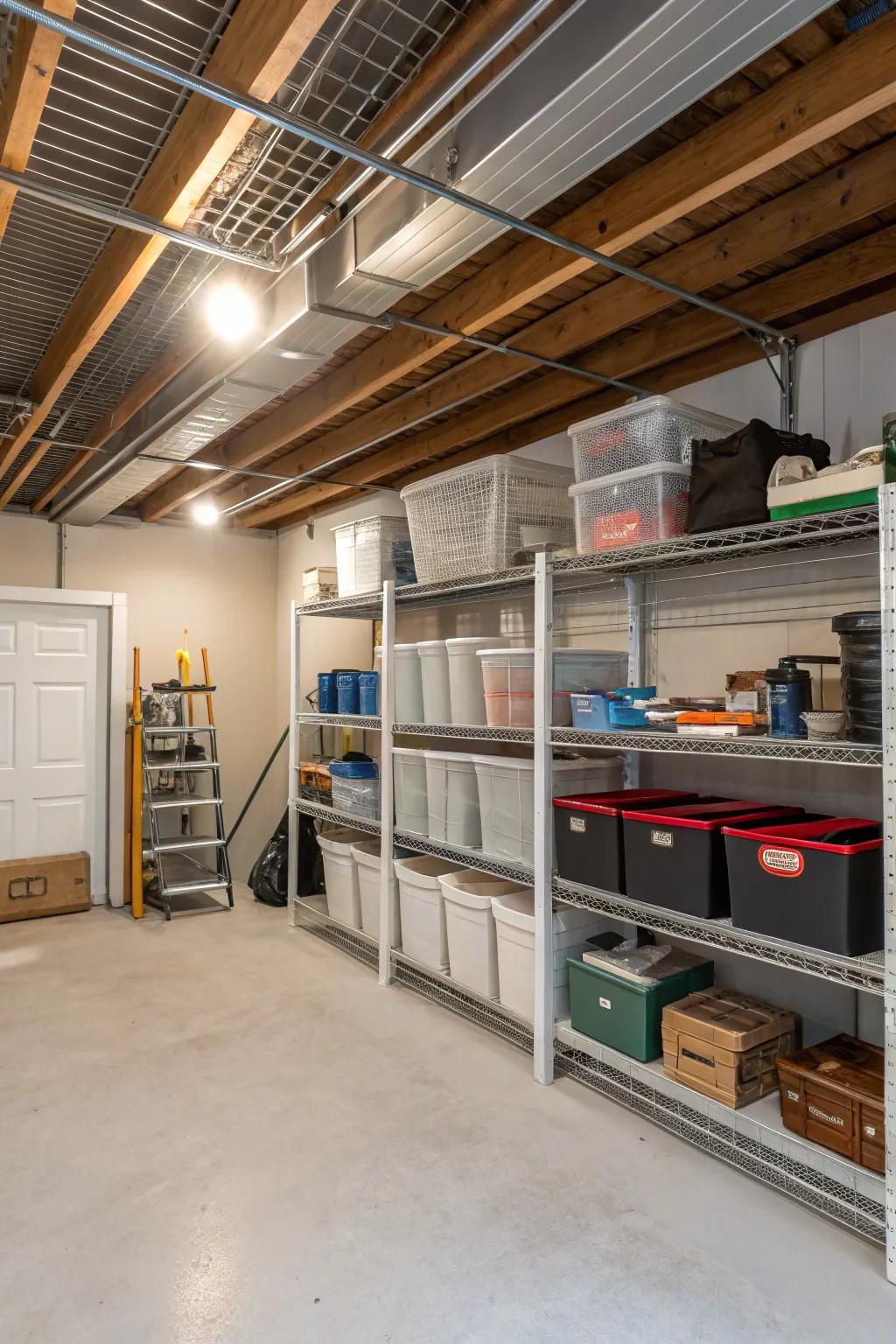 Basement with wire shelves installed between overhead joists.