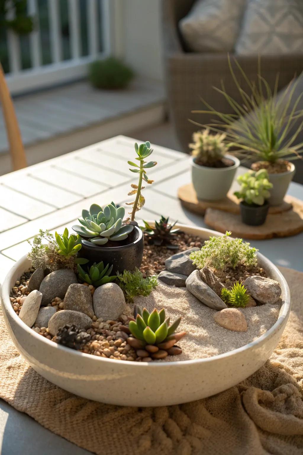 A desert-inspired succulent garden with sand and stones.
