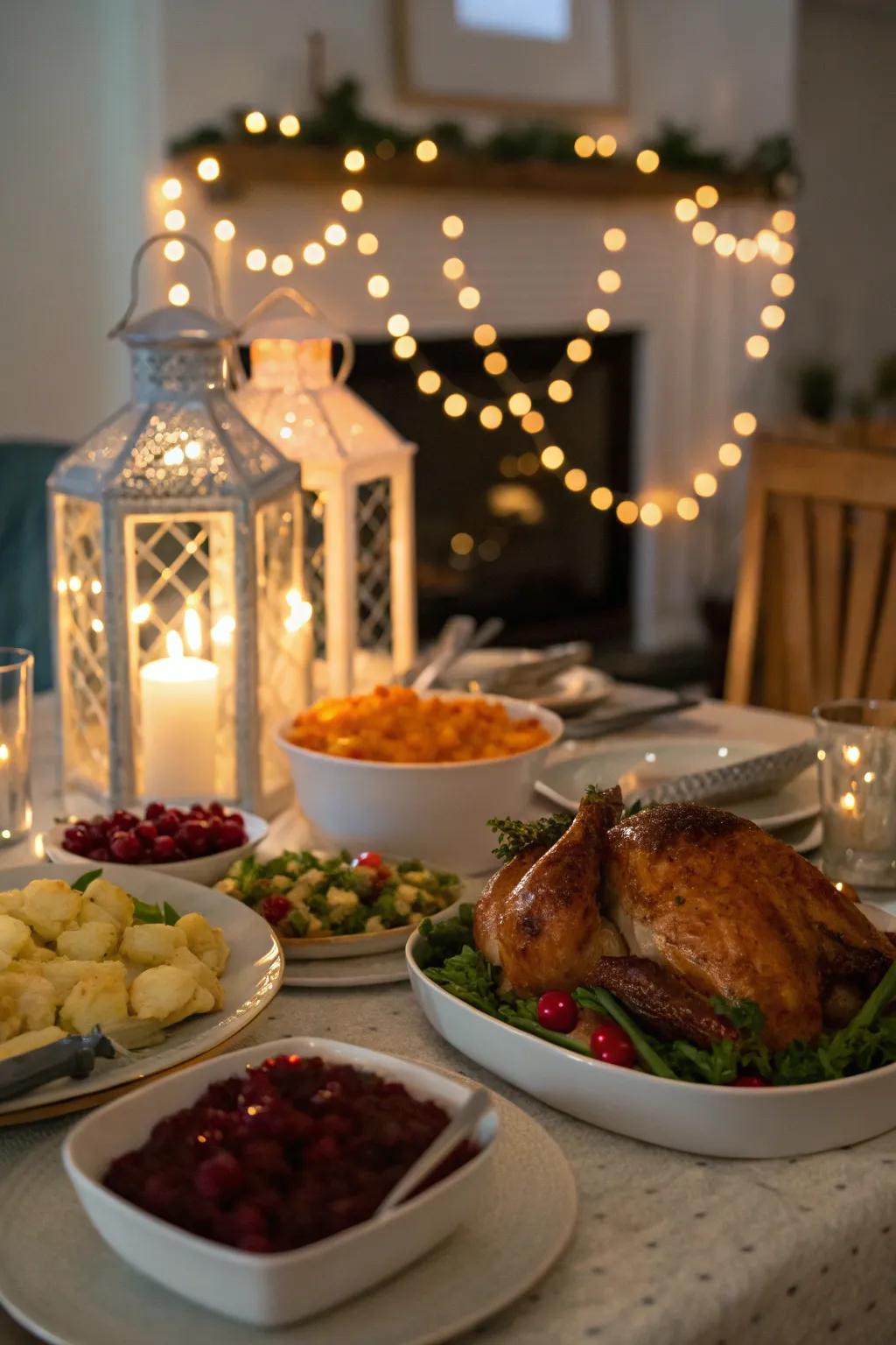 Layered lighting adds enchantment to your Thanksgiving table.