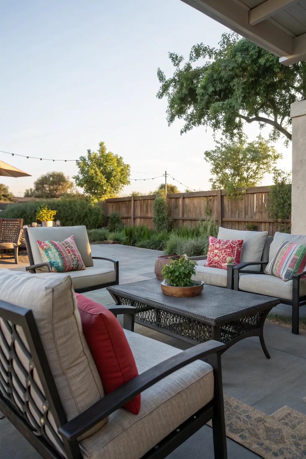 Exterior relaxation boosted with elegant, weatherproof pillows on a patio.
