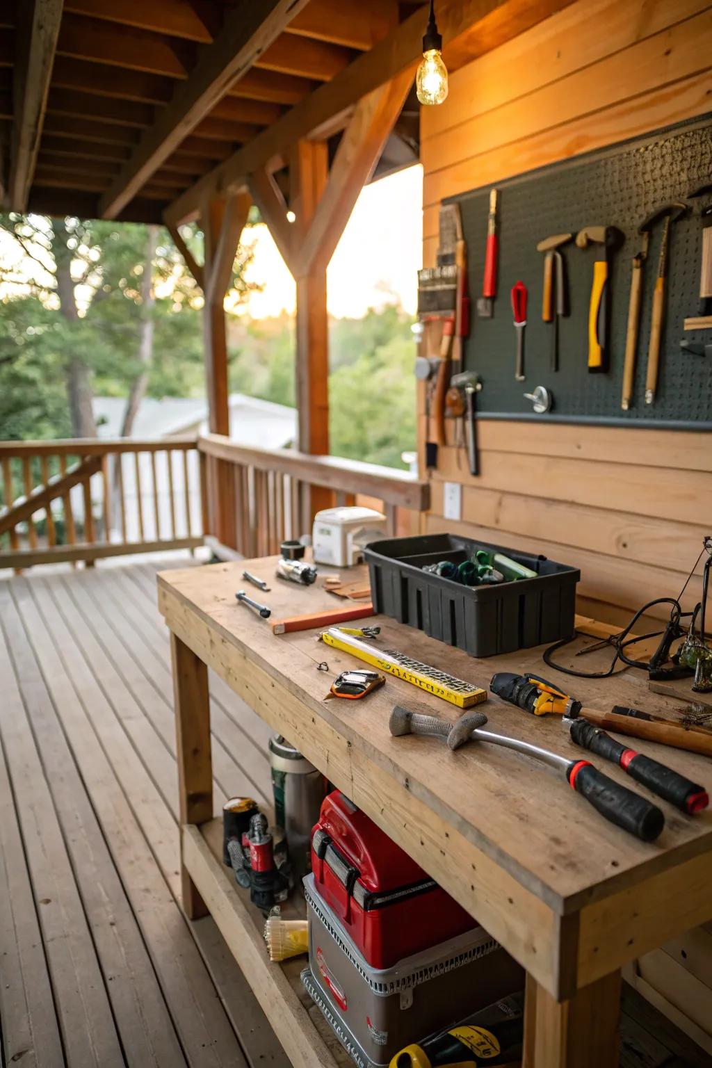 A rustic workshop under the deck, perfect for DIY enthusiasts.