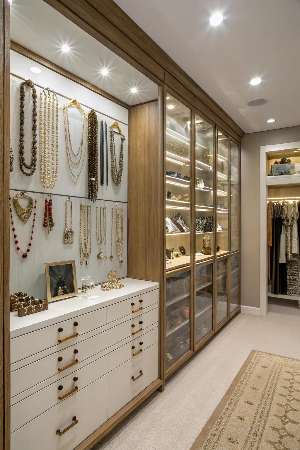 A jewelry wall provides organized and accessible storage.