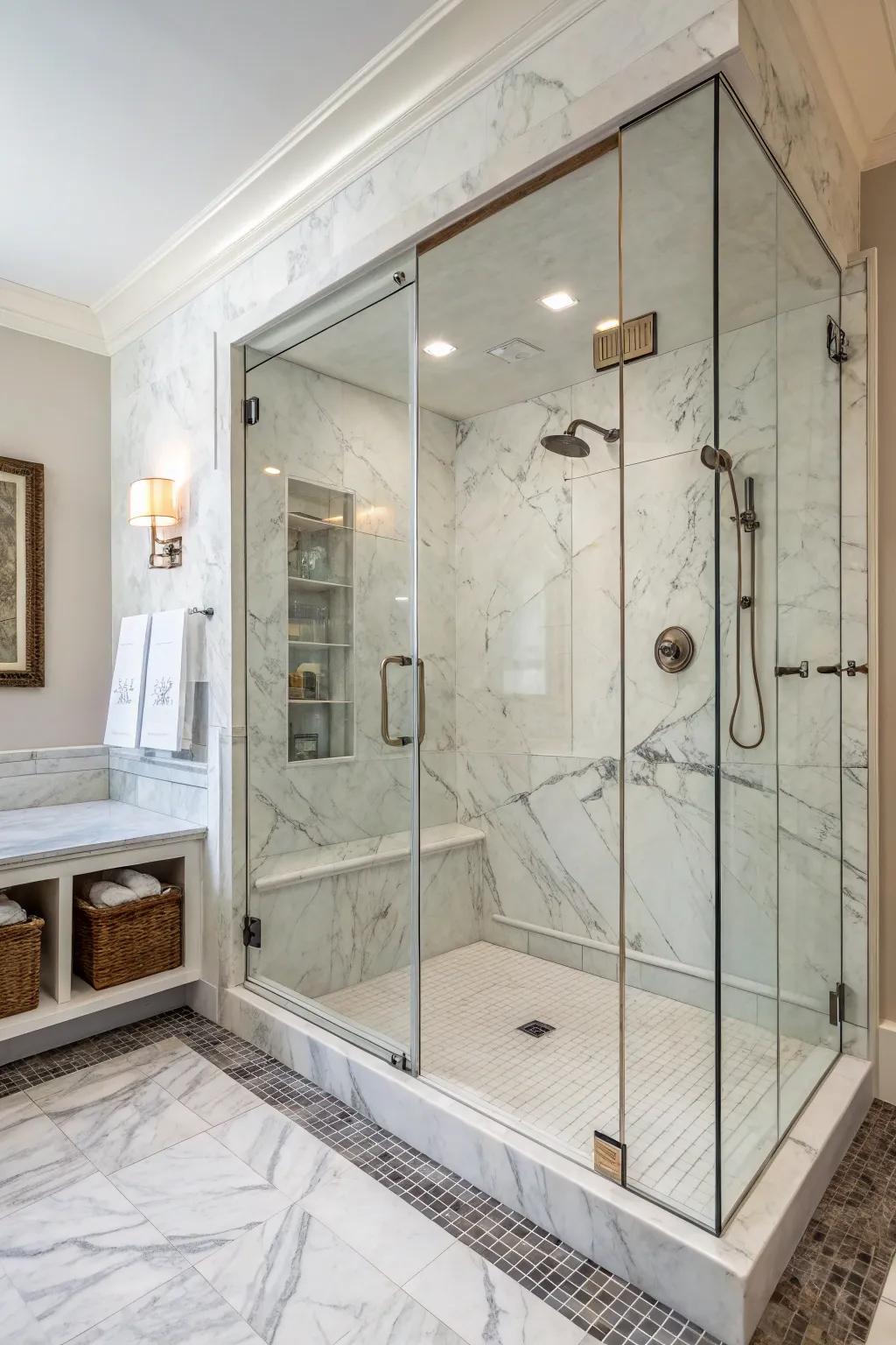 Polished stone tiles enhance elegance and sophistication.