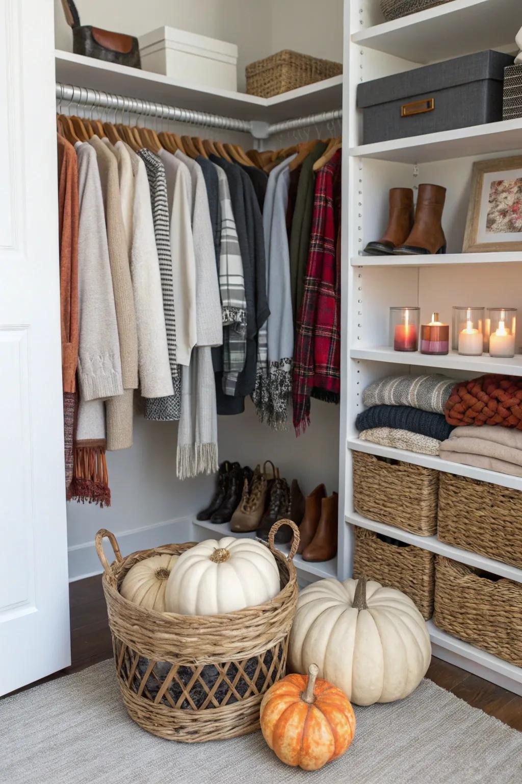 A basket for seasonal decor ensures efficient storage and easy transitions.