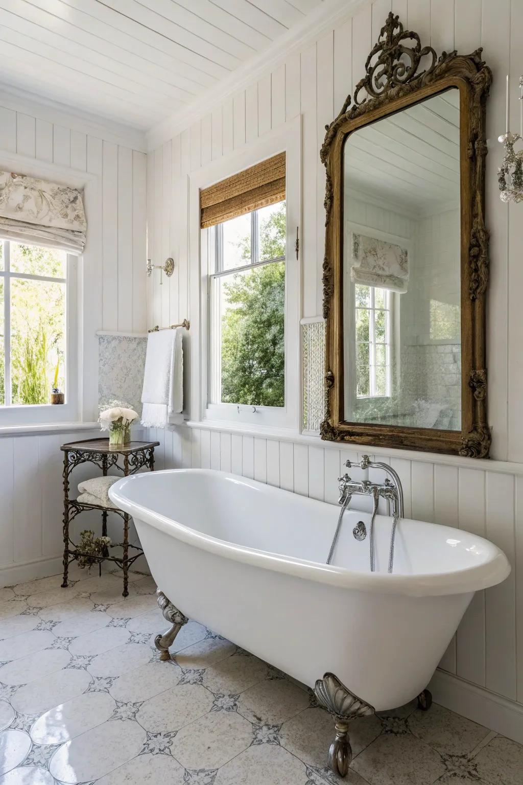 Vintage touches add character and charm to this white bathroom.