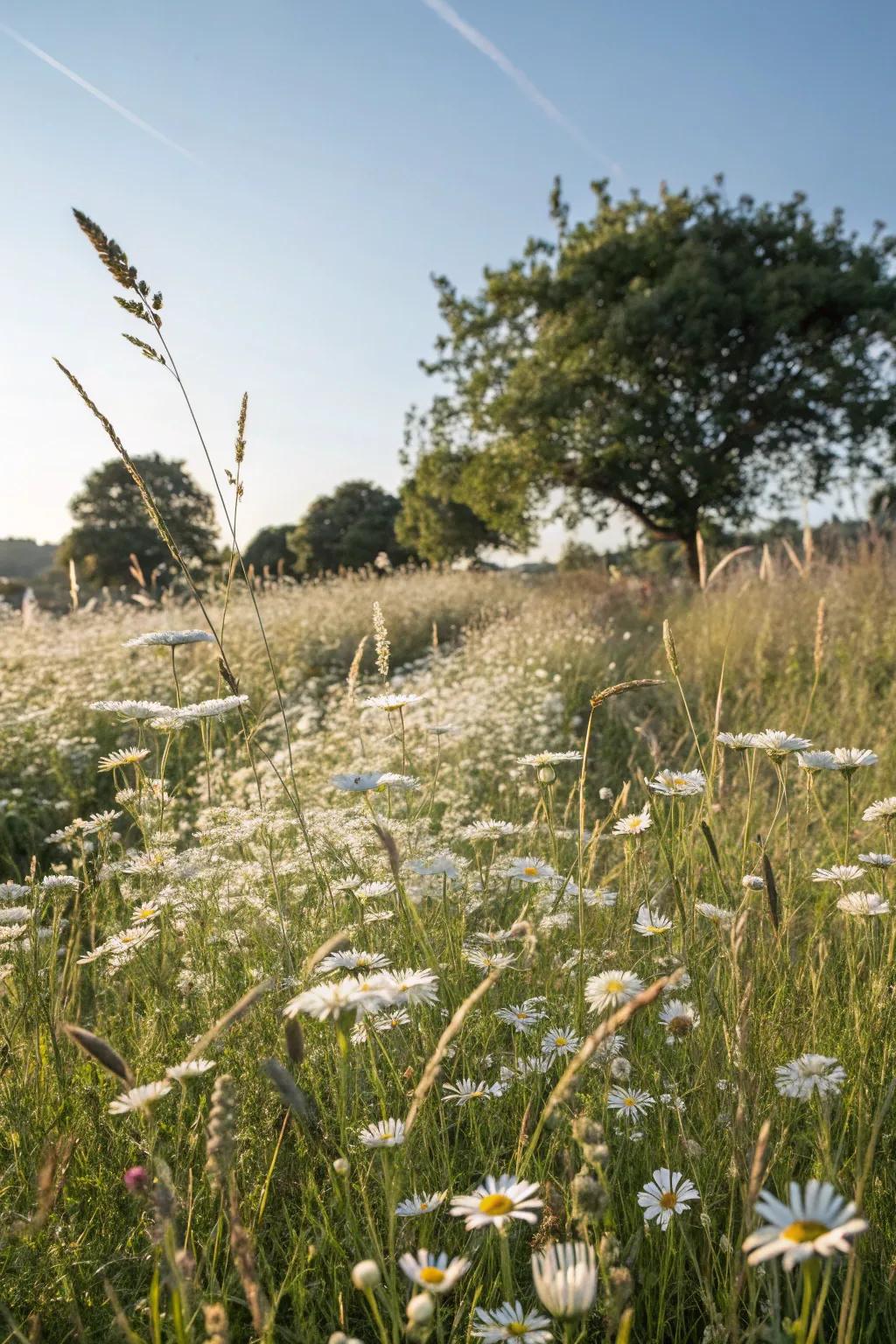 A white wildflower meadow imparts a natural and whimsical touch to the garden.