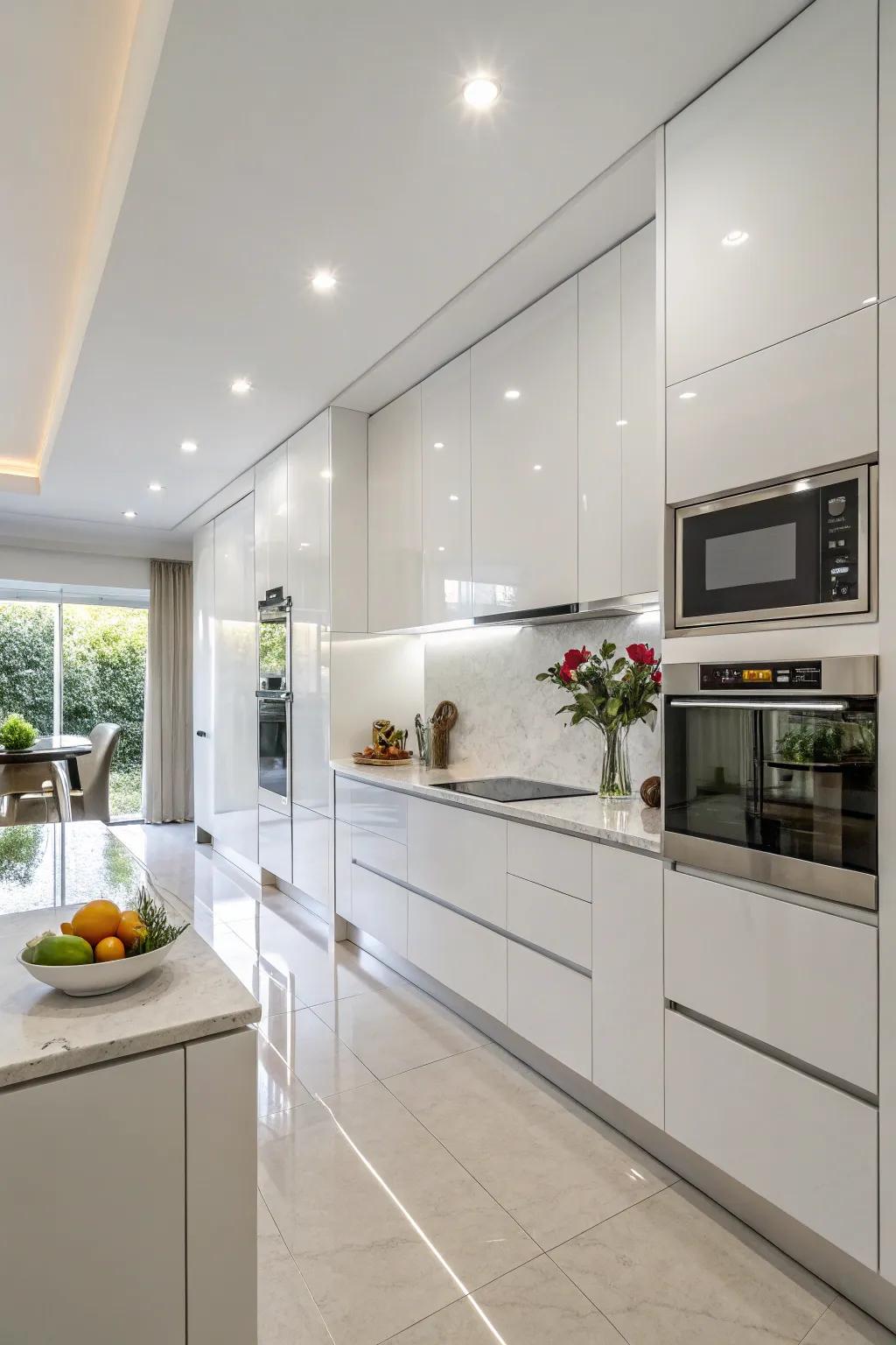 Integrated appliances offer a seamless look in white kitchens.