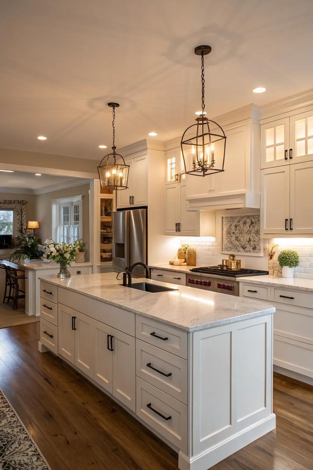 Layered lighting creates a warm ambiance in the white kitchen.
