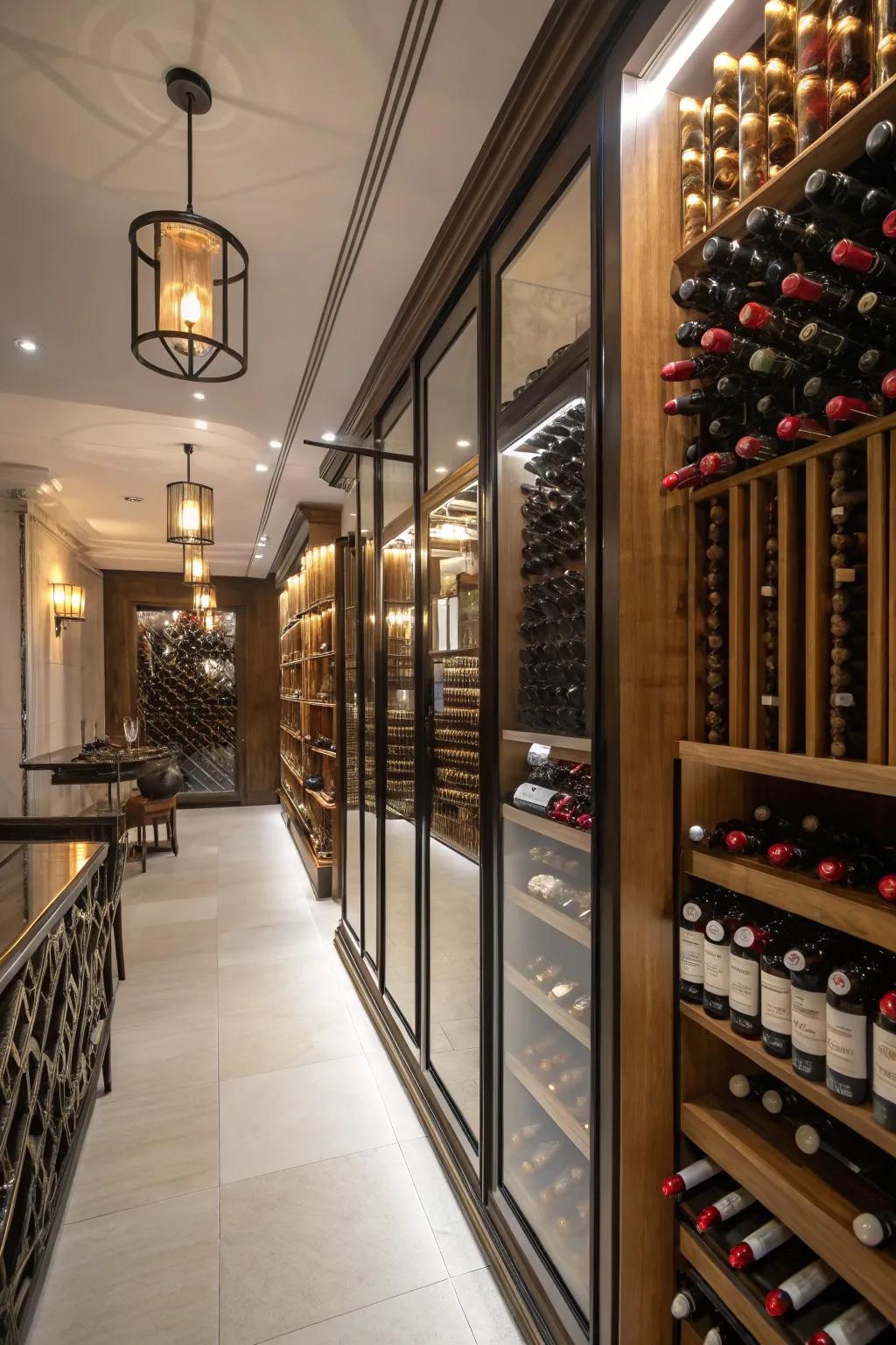 Mirrors enhancing the lighting and space in the wine room.